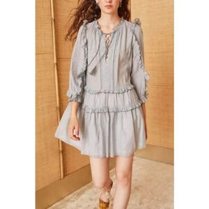 Ulla Johnson Essie Dress Gris/Grey Ruffled Lace-Up Tassels Hand-Stitching Size 2